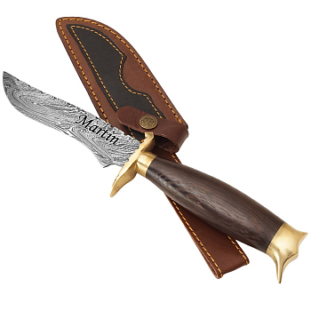 Exklusives Jagdmesser aus Damaszenerstahl und Griff mit fester Klinge aus Wengeholz mit Messing