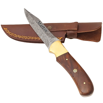 Exklusives Messer aus Damaszenerstahl und feststehender Klinge aus Palisanderholz mit Messing und dekorativem Stift
