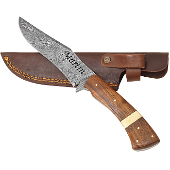 Exklusives Messer aus Damaszenerstahl und feststehender Klinge aus Palisanderholz mit Messingstreifen