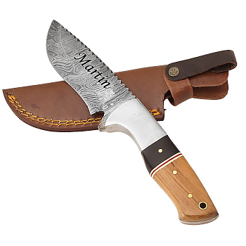 Exklusives Messer aus Damaszenerstahl mit feststehender Klinge und Griffen aus Ebenholz und Olivenholz