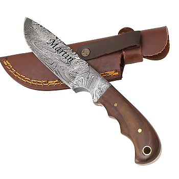 Exklusives Messer aus Damaszenerstahl mit feststehender Klinge und Walnussgriff