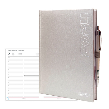 Tagebuch 2024 Metallic silber A5 täglich mit Stift