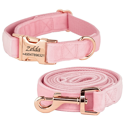 Halsband für Hunde Luxury Velvet Gold rosa mit Leine