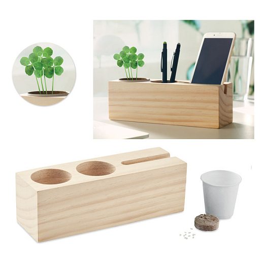 Schreibtisch-Organizer aus Holz mit Pflanzen
