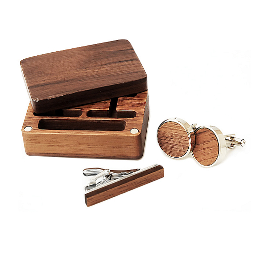 Luxus-Set von Manschettenknöpfen und Schnalle Dark Wood in Geschenkbox